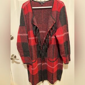 Plaid Adrienne Vittadini Plaid long open Cardigan with Fringe 3X